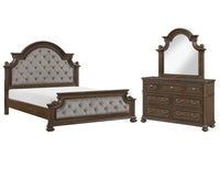 Ensemble de chambre à coucher Ambrose 5 pièces en bois et en tissu avec lit, commode et miroir, brun - format très grand lit