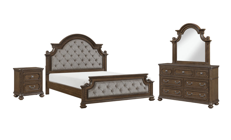 Ensemble de chambre à coucher Ambrose 6 pièces en bois et en tissu avec lit, commode, miroir et table de nuit, brun - format très grand lit