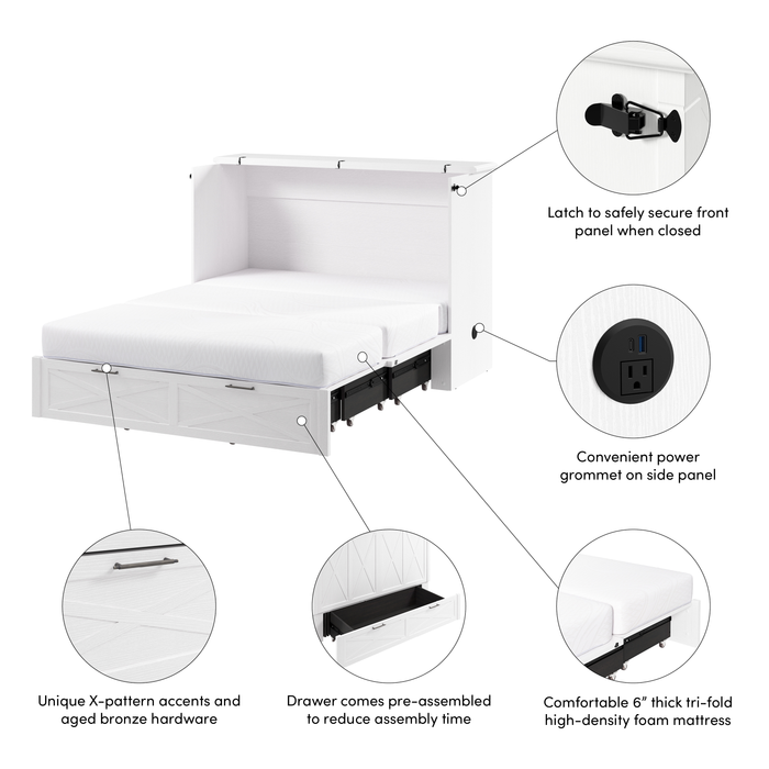 Lit armoire avec matelas à trois plis Key West, chêne blanc - format lit double