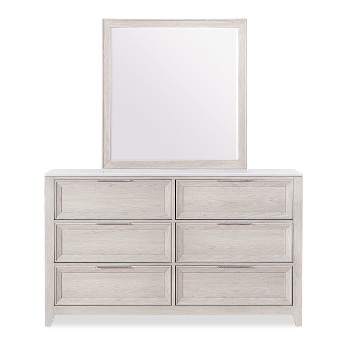 Ensemble de chambre à coucher Elana 6 pièces avec lit de rangement, commode, miroir et table de nuit, beige - format très grand lit
