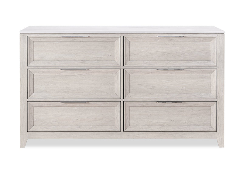 Ensemble de chambre à coucher Elana 6 pièces avec lit de rangement, commode, miroir et table de nuit, beige - format très grand lit