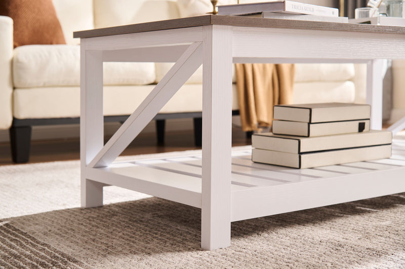 Table à café rustique Ridge de 47,5 po avec tablette - chêne noyer et blanche
