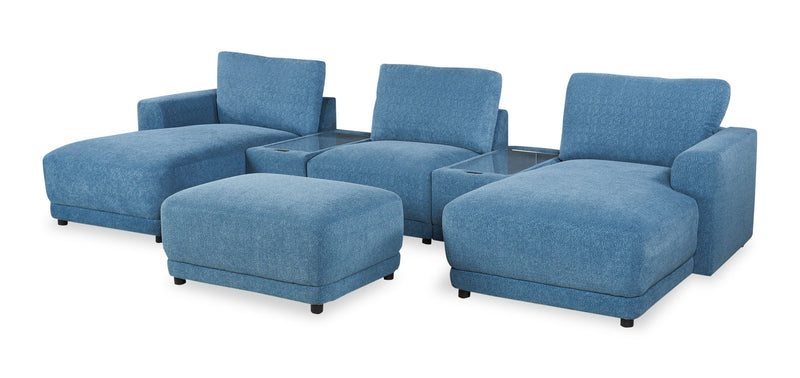 Sofa sectionnel modulaire de gauche Voyage 6 pièces en tissu avec console et pouf - bleu