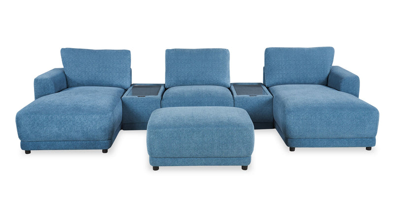 Sofa sectionnel modulaire de gauche Voyage 6 pièces en tissu avec console et pouf - bleu