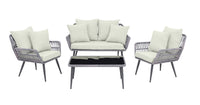 Ensemble de conversation Portofino de Manhattan Comfort 4 pièces en corde et en osier avec coussins pour la terrasse - crème