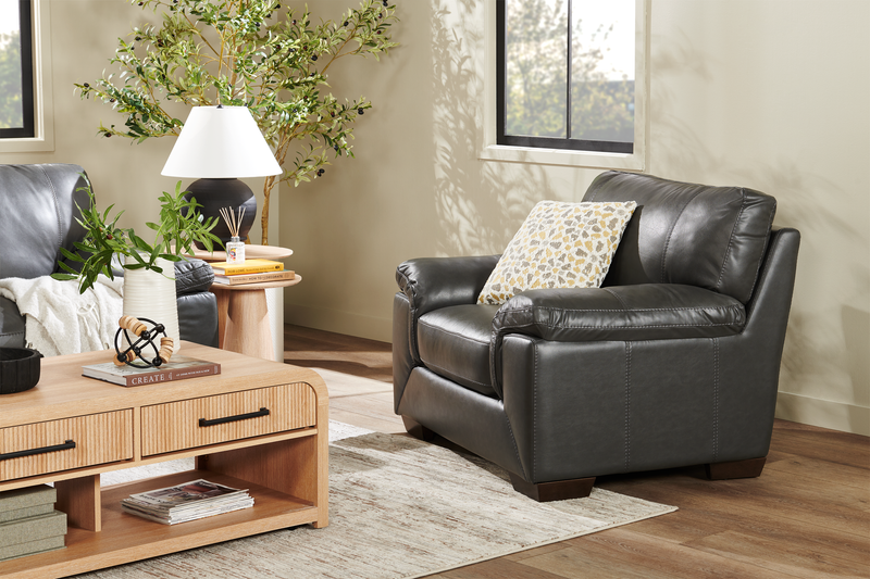 Fauteuil Classico de 47 po en cuir véritable avec pattes en bois - gris carbone