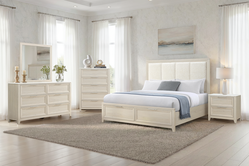 Ensemble de chambre à coucher Elana 6 pièces avec lit de rangement, commode, miroir et table de nuit, beige - format très grand lit