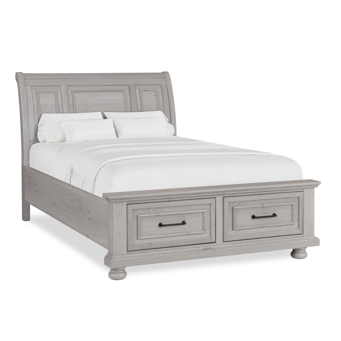 Ensemble de chambre à coucher Kylie 6 pièces sable avec lit de rangement, commode, miroir et table de nuit - format lit double