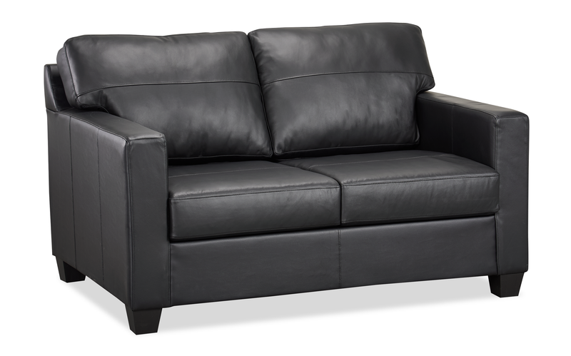 Causeuse Lennox de 57 po fabriquée au Canada en cuir véritable avec coussins amovibles - noire
