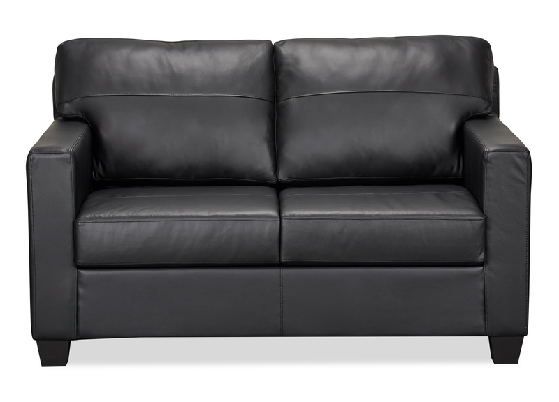 Causeuse Lennox de 57 po fabriquée au Canada en cuir véritable avec coussins amovibles - noire