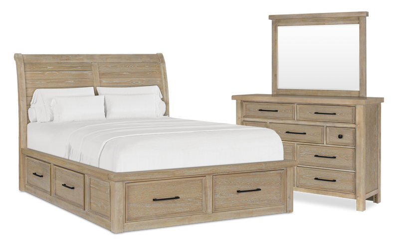 Ensemble de chambre à coucher Sonoma 5 pièces avec lit de rangement, commode et miroir, brun clair - format grand lit
