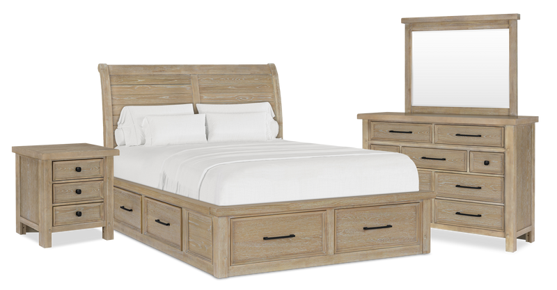 Ensemble de chambre à coucher Sonoma 6 pièces avec lit de rangement, commode, miroir et table de nuit, brun clair - format très grand lit