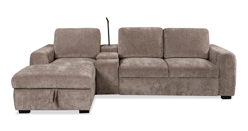 Sofa-lit sectionnel de gauche Sunset en tissu d’apparence lin avec rangement et lampe à DEL intégrée - taupe