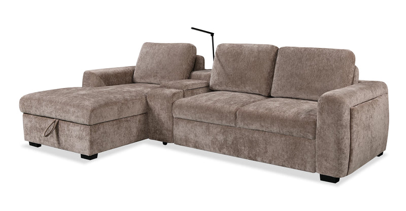 Sofa-lit sectionnel de gauche Sunset en tissu d’apparence lin avec rangement et lampe à DEL intégrée - taupe