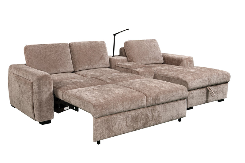 Sofa-lit sectionnel de droite Sunset en tissu d’apparence lin avec rangement et lampe à DEL intégrée - taupe