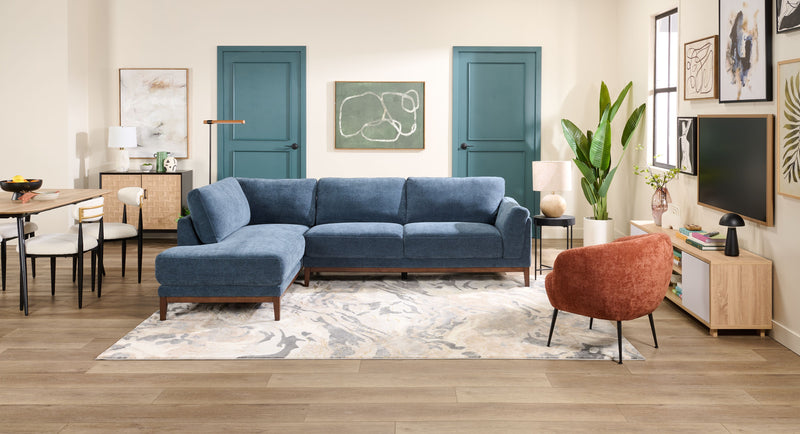 Sofa sectionnel de gauche Horizon 2 pièces en tissu avec base et pattes en bois - bleu marine