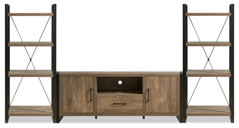 Meuble audio-vidéo moderne Alvin 3 pièces de 117 po avec rangement et système de gestion des câbles pour téléviseurs jusqu’à 70 po - noisette