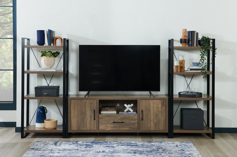 Meuble audio-vidéo moderne Alvin 3 pièces de 117 po avec rangement et système de gestion des câbles pour téléviseurs jusqu’à 70 po - noisette