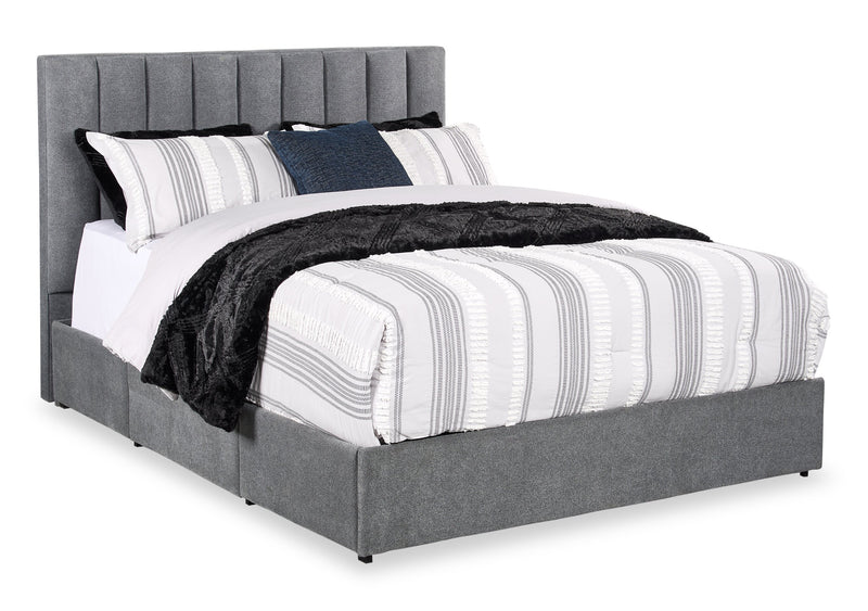 Lit de rangement Amos rembourré en tissu anthracite avec tête de lit à canaux et 3 tiroirs intégrés - format grand lit