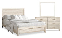 Ensemble de chambre à coucher Arbor 5 pièces bois de grève blanc avec lit à panneaux, commode et miroir - format très grand lit