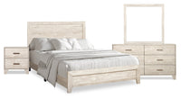 Ensemble de chambre à coucher Arbor 6 pièces bois de grève blanc avec lit à panneaux, commode, miroir et table de nuit - format très grand lit