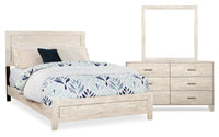 Ensemble de chambre à coucher Arbor 5 pièces bois de grève blanc avec lit à panneaux, commode et miroir - format grand lit