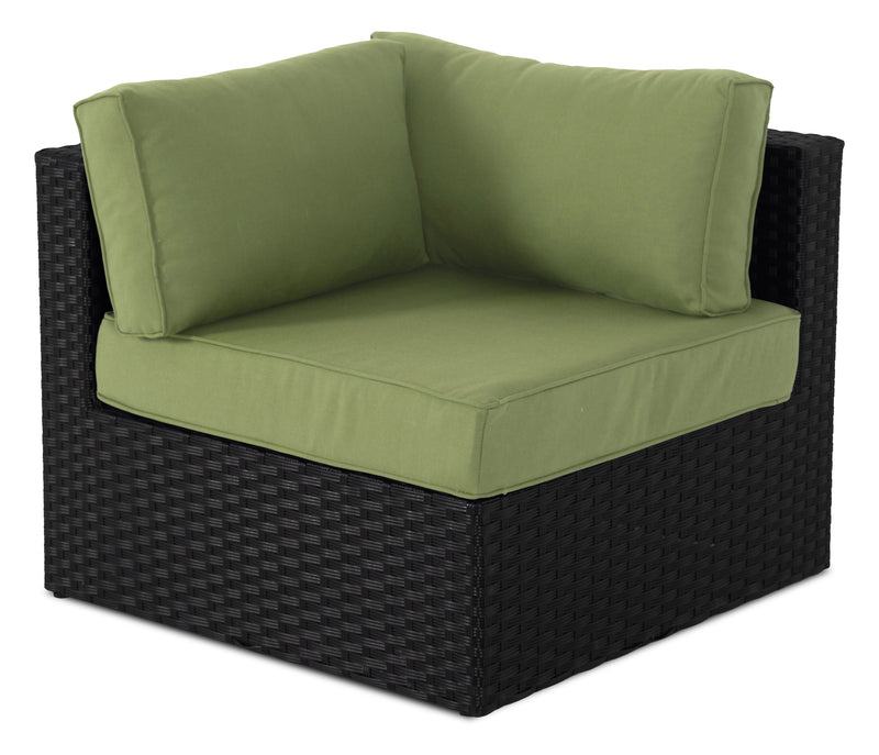 Ensemble Barbados 6 pièces pour la terrasse à l’extérieur avec 3 fauteuils en coin, 2 fauteuils sans accoudoirs et pouf - osier en résine tressé à la main, résistant aux rayons UV et aux intempéries - noir et vert