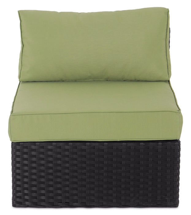 Fauteuil sans accoudoirs Barbados pour la terrasse à l’extérieur - osier en résine tressé à la main, résistant aux rayons UV et aux intempéries - noir et vert