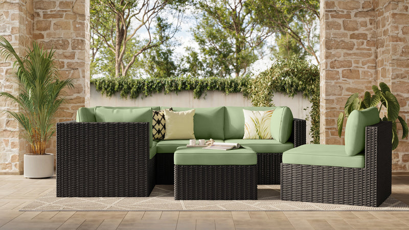 Ensemble Barbados 6 pièces pour la terrasse à l’extérieur avec 3 fauteuils en coin, 2 fauteuils sans accoudoirs et pouf - osier en résine tressé à la main, résistant aux rayons UV et aux intempéries - noir et vert