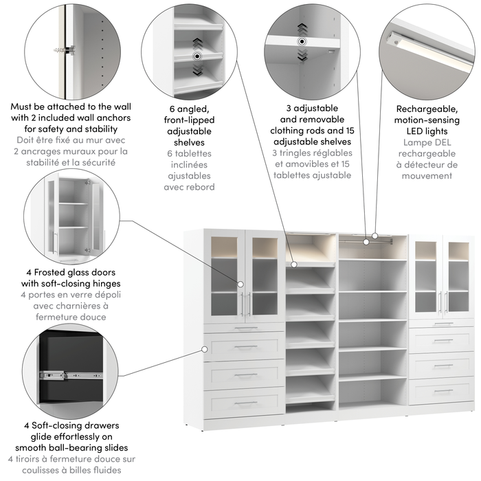 Système de pièce-penderie modulaire Florence de Bestar de 132 po avec éclairages à DEL, tiroirs, portes et tablettes pour chaussures de style Shaker - blanc