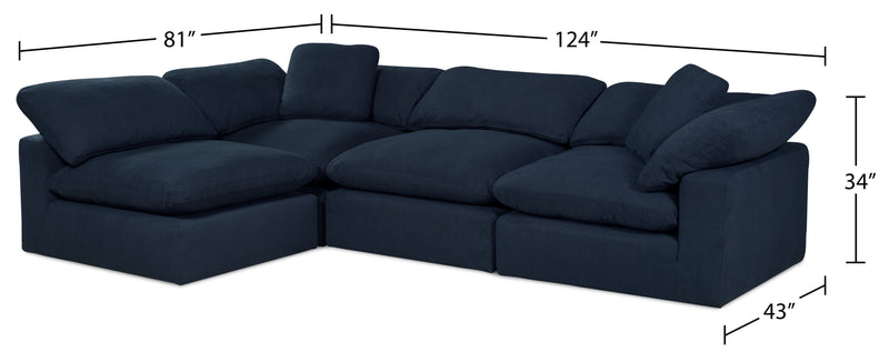 Sofa sectionnel modulaire de style cocon Eclipse 4 pièces en tissu d’apparence lin avec coussins réversibles en duvet et plumes - bleu marine