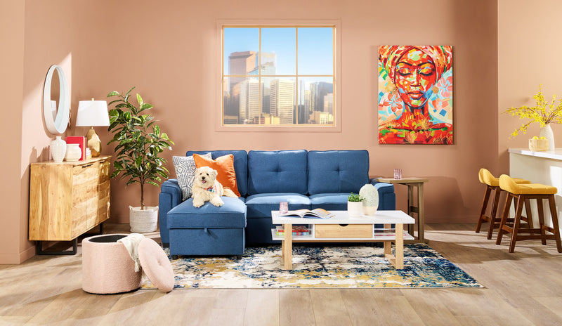 Sofa-lit sectionnel réversible Eden 2 pièces en tissu avec fauteuil long de rangement et coussins de dossier amovibles - bleu