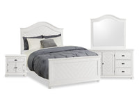 Ensemble de chambre à coucher Ella 6 pièces blanc avec lit à panneaux, commode, miroir et table de nuit - format lit double