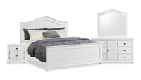 Ensemble de chambre à coucher Ella 6 pièces blanc avec lit à panneaux, commode, miroir et table de nuit - format très grand lit