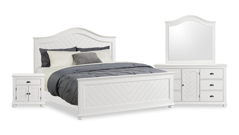 Ensemble de chambre à coucher Ella 6 pièces blanc avec lit à panneaux, commode, miroir et table de nuit - format très grand lit