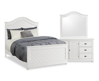 Ensemble de chambre à coucher Ella 5 pièces blanc avec lit à panneaux, commode et miroir - format grand lit