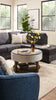 Elroy 33" Rustic Round Lift Top Coffee Table With Storage, Shelf and Casters - Brown and Grey with Fabric Edge|Table à café ronde rustique Elroy de 33 po avec dessus relevable, rangement, tablette et roulettes - brune et grise avec bordure en tissu