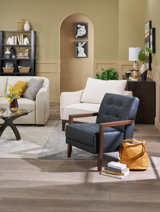 Fauteuil d’appoint Enzo de 26 po en cuir véritable avec capitonnage en biscuit, accoudoirs rectilignes et pattes en bois - noir