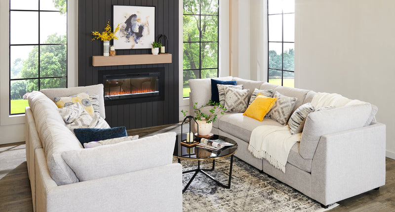 Sofa modulaire Evolve de Scott Living de 118,5 po en tissu d’apparence lin avec coussins amovibles en duvet et plumes - gris