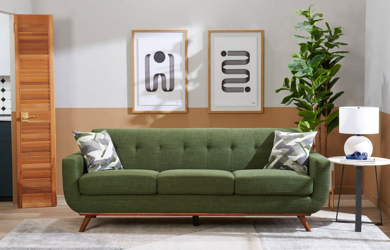 Sofa Freeman Kort & Co. de 88 po en tissu d’apparence lin avec pattes en bois et coussins de dossier capitonnés - vert avocat
