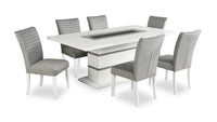 Ensemble de salle à manger somptueux Garbo 7 pièces avec table de 78,75 po (L), incrustation de verre, base piédestal et 4 chaises - blanc