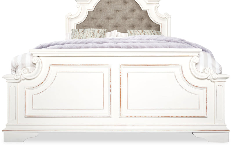Lit à panneau Grace en bois et en tissu avec tête de lit et cadre de lit, blanc antique - format grand lit