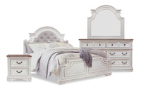 Ensemble de chambre à coucher Grace 6 pièces en bois et en tissu avec lit, commode, miroir et table de nuit, blanc antique - format très grand lit