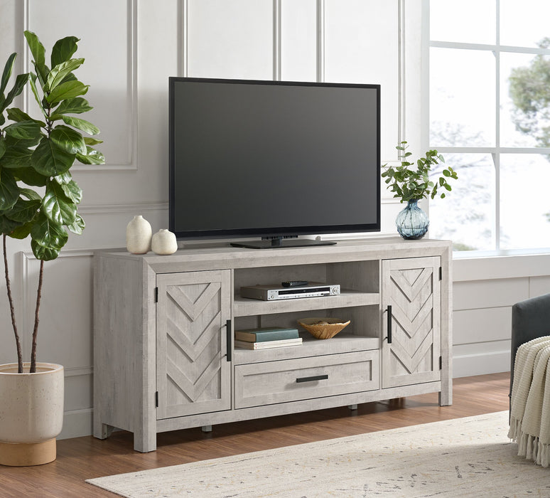Meuble pour téléviseur moderne Scott Living Hayward de 70 po avec rangement et système de gestion des câbles pour téléviseurs jusqu’à 75 po - blanc