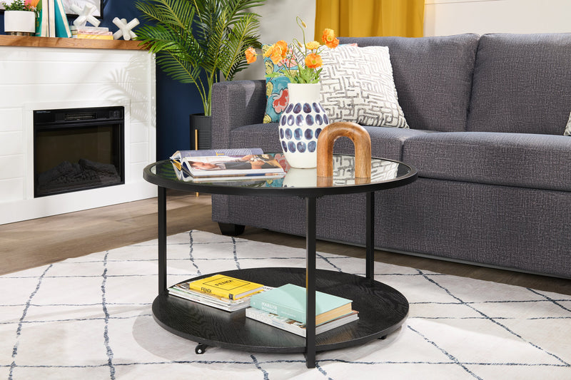 Table à café moderne Kendal ronde de 31,5 po avec dessus en verre - noire