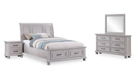 Ensemble de chambre à coucher Kylie 6 pièces sable avec lit de rangement, commode, miroir et table de nuit - format grand lit