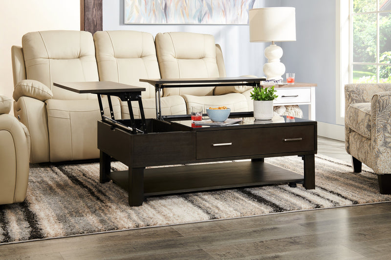 Table à café moderne Landon de 48 po avec dessus relevable, rangement, tablette et roulettes - brun foncé  