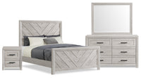  Ensemble de chambre à coucher Lark 6 pièces blanc rustique avec lit à panneaux, commode, miroir et table de nuit - format grand lit