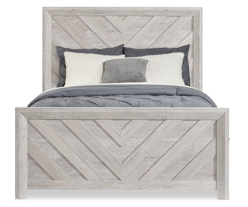 Ensemble de chambre à coucher Lark 6 pièces blanc rustique avec lit à panneaux, commode, miroir et table de nuit - format grand lit