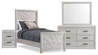 Ensemble de chambre à coucher Lark 6 pièces blanc rustique avec lit à panneaux, commode, miroir et table de nuit - format lit simple